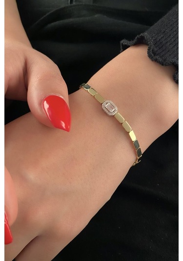 Fiyonk Kuyumculuk 14 Ayar Altın Baget Taş Detaylı Petek Bileklik 001