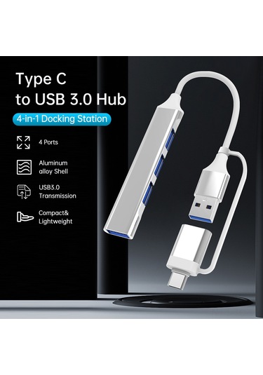 Skycity Alüminyum Gövde 4 Usb 3.0 Portlu Çok Fonksiyonlu Usb+type-c Hub Genişletici Dökümü - Gümüş