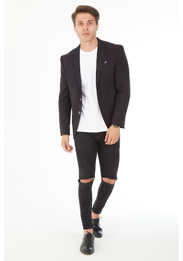 Sposo 5116 Dar Kalıp Örme Kumaş Siyah Erkek Blazer Ceket Siyah