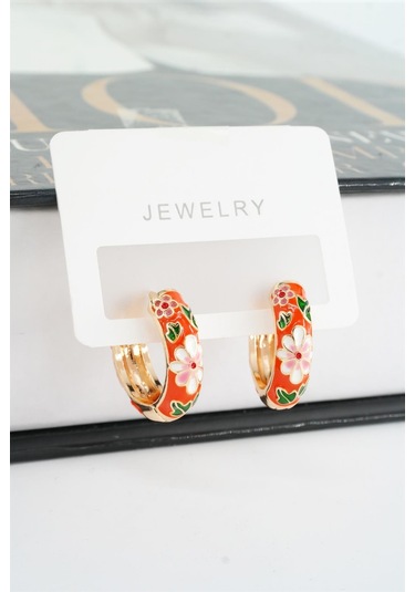 Kadın Özel Seri Mineli Çiçek Motifli Kararmaz 2 Cm Halka Küpe Seti - Turuncu