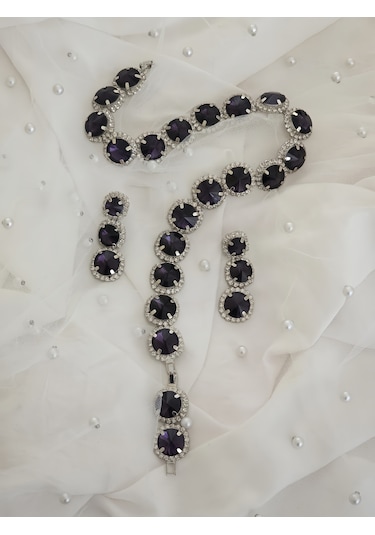 Riviere Kristal Taşlı Çiçek Model Mor Renkli Kolye Küpe Set