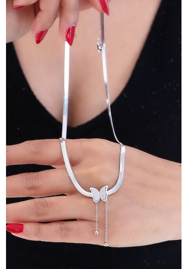 Kadın Ezme Kelebekli Altın Kaplama Çelik Kolye Gümüş Renk Altın