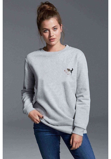 Cat Playing Baskılı Gri Kadın Sweatshirt
