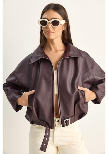 Oversize Tokalı Deri Ceket 3137 60284058 - Bordo