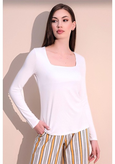 WeShaya Kadın Beyaz Günlük Stil Basic Kare Yaka Uzun Kol Bluz Beyaz