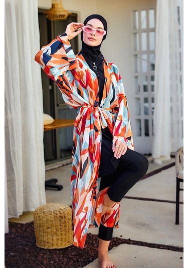 Remsa Tesettür Mayo Üzerine Tek Kaftan Kimono Pareo Turuncu Rp027 Lotus Turuncu
