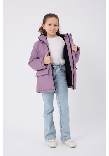 Freemen Kürklü Su ve Rüzgar Geçirmez Kapüşonlu 3 Kışlık Kız Çocuk Mont - Lila