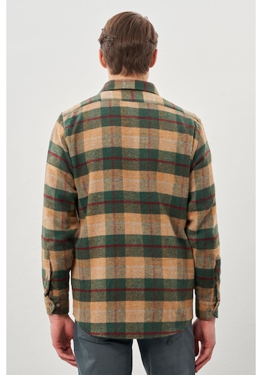 Camel Yünlü Ekose Desen Yumuşak Yaka Cepsiz Uzun Kol Casual Comfort Fit Gömlek 1004245227 Camel