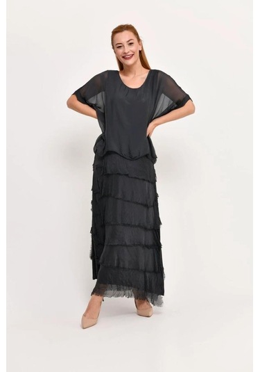 İtalyan 2 Beden İnce Gösteren Yarım Kol Kat Kat Ipek Elbise Antrasit