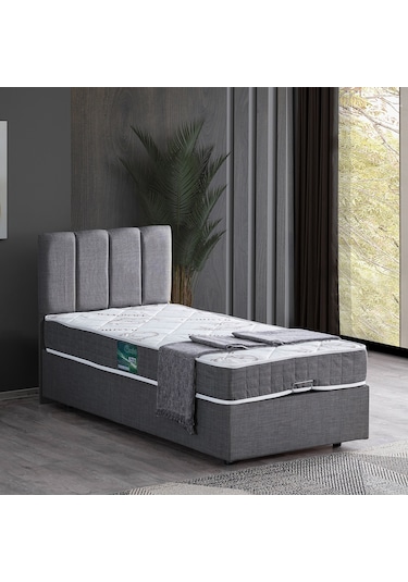 Setaymobilya Baza, Tek Kişilik Defne Baza+Başlık +Comfort Yatak Seti, Gri