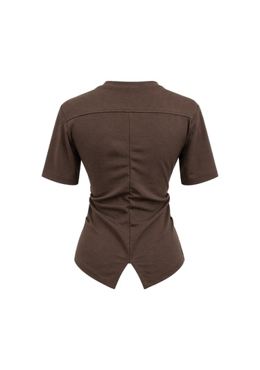 Mixray 2095 Kadın Büzgü Detaylı Arkası Yırtmaçlı Basic T-shirt Kahve Kahverengi