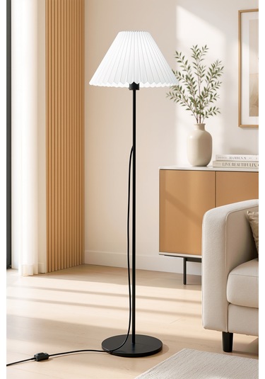 Metal Lambader Siyah 150 Cm Tek Ayaklı Pileli Beyaz Modern Kumaş Başlık Lam08