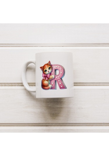 R Harfli Bardak, Sevimli Kedili Pembe Tasarım Bardak, Arkadaşa Aileye Hediye Porselen Beyaz