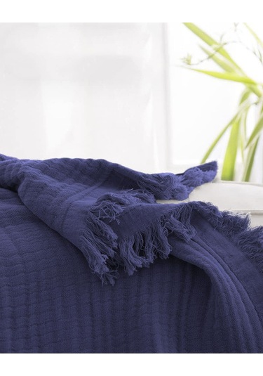 %100 Pamuk Müslin Yatak Örtüsü Tek Kişilik 4 Katlı Battaniye 2 Parça Müslin Pike Seti Lacivert Lacivert