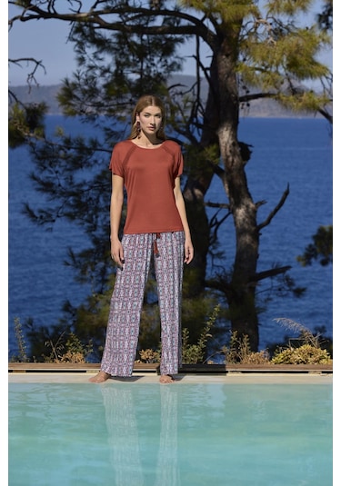 Monamise Kadın Etnik Desenli Kısa Kollu Alt Üst Takım 25024 Kiremit