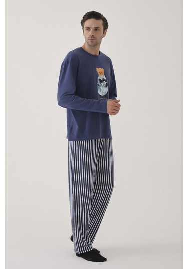 Erkek Pamuklu Uzun Kollu Üst Astronot Baskılı Alt Çizgili Pijama Takımı Ke30106 Mavi - Beyaz