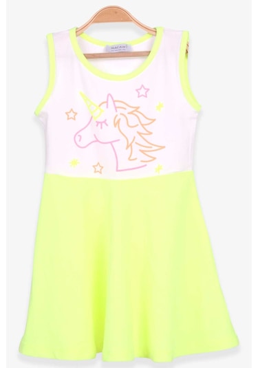 Breeze Kız Çocuk Elbise Unicorn Baskılı 3-7 Yaş, Neon Yeşil