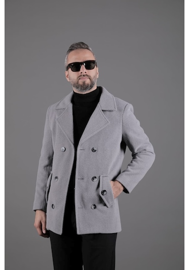 Ohepmoda Desenli Kruvaze Erkek Kaşe Kaban Koyu Gri