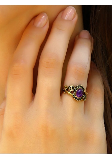 Doğal Taş Ametist Doğal Taşlı Antik İşlemeli Ayarlanabilir Kadın Yüzük Euy36at Mor