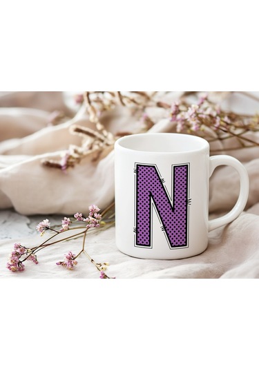 N Harfi Mor Puantiyeli Kupa Bardak - Polka Dot Tasarım Kahve Çay Bardak - Kişiye Özel Hediyelik Beyaz