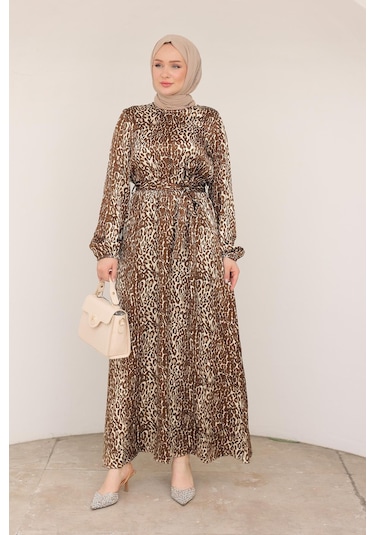Armine Trend Leopar Desenli Beli Kemerli Elbise Kahverengi 24kt904 Kahverengi