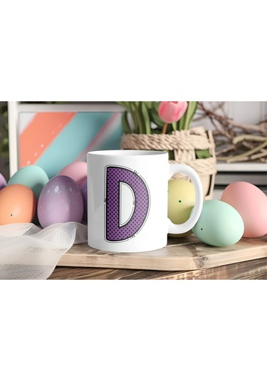 D Harfi Mor Puantiyeli Kupa Bardak - Polka Dot Tasarım Kahve Çay Bardak - Kişiye Özel Hediyelik Beyaz