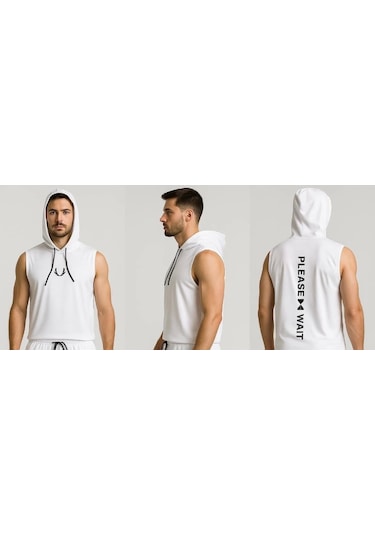 Erkek Lette Kapüşonlu Armalı Esnek Kolsuz Beyaz T-shirt Beyaz