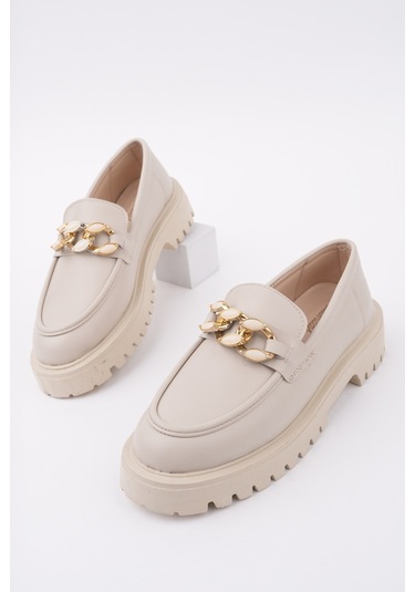 Muggo Crasher Kalın Taban Tokalı Günlük Casual Makosen Kadın Loafer Ayakkabı Ten Cilt