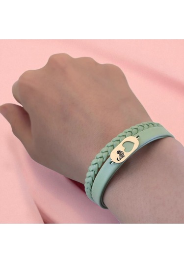 Archin Kedi Temalı Kalp Motifli 14 Ayar Altın Plakalı Zeytin Yeşili Derili Hediye Bileklik-556sembol Kedi