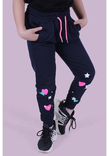 Kalp Ve Yıldız Desen Detaylı Kız Çocuk Lacivert Eşofman Altı Lacivert