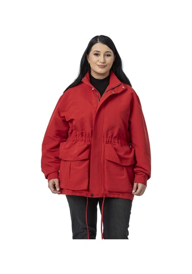 Büyük Beden Çıtçıt Ve Fermuar Kapamalı Beli Büzgülü Astarlı Kırmızı Trençkot Kırmızı