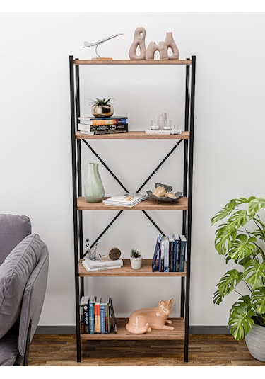 Metal Kitaplık 5 Raflı Dekoratif Kitaplık Ev Ofis Mutfak Rafı Çok Amaçlı Atlantik Çam