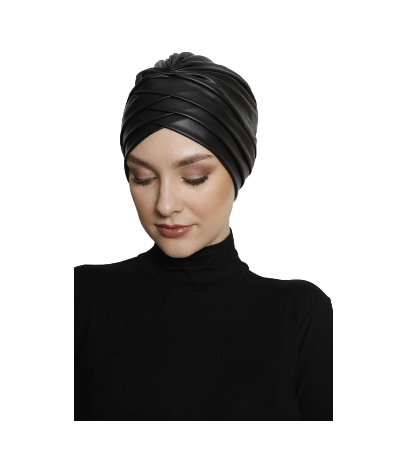 Üç Bantlı Deri Siyah Astarlı Hazır Türban Tesettür Bone Siyah