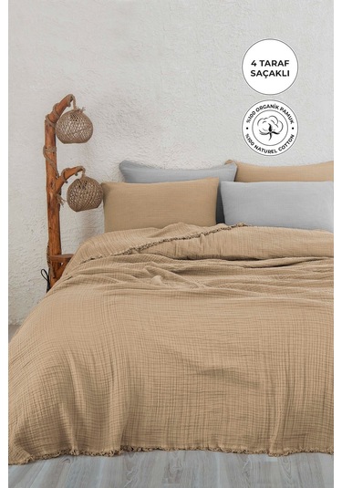 %100 Pamuk Müslin Yatak Örtüsü Tek Kişilik 4 Katlı Battaniye 2 Parça Müslin Pike Seti Bej Bej
