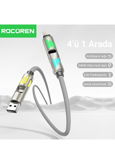 Rocoren 240w 4'ü 1 Arada Type-c / Usb-a / Lightning Gri Silikon Şarj Ve Data Kablosu 1.2 Metre