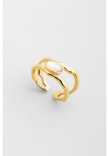 Sedef Masalı 18 Ayar Sarı Altın Kaplama Ayarlanabilir Gümüş Yüzük Sarı