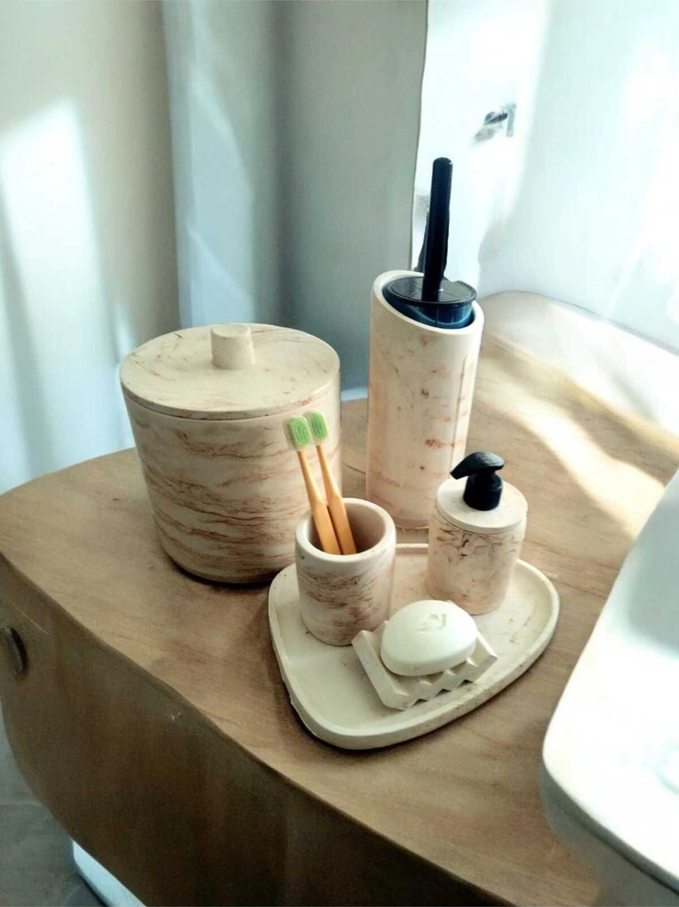 Bej Mermer Desen Tam Beton Banyo Seti,tuvalet Fırçası,çöp Kovası,katı,sıvı Sabunluk,tepsi Bej