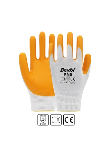 Beybi Nitril Pmk Pn5 Beyaz Sarı Örme Polyoster Nitril 9 Beden 12li Paket En388 3121x