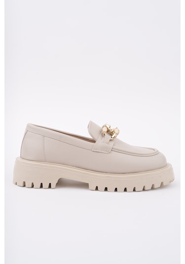 Muggo Crasher Kalın Taban Tokalı Günlük Casual Makosen Kadın Loafer Ayakkabı Ten Cilt