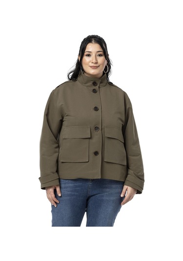 Büyük Beden Dik Yaka Kapaklı Torba Cepli Astarlı Kısa Haki Trençkot Haki
