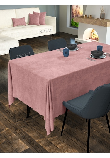 Kadife Dokulu Açık Pembe Renk Masa Örtüsü Açık Pembe