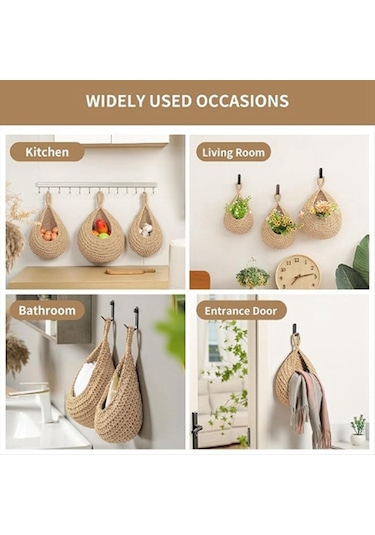 Xurunkeji Mutfak İçin Duvara Asılan Meyve Sepetleri 3'lü Paket Dokuma Ürün Tutucu Sebze Askılı Sepet A Gri