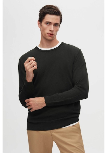 Regular Fit Haki Tüylenme Yapmayan Bisiklet Yaka Triko Kazak Haki