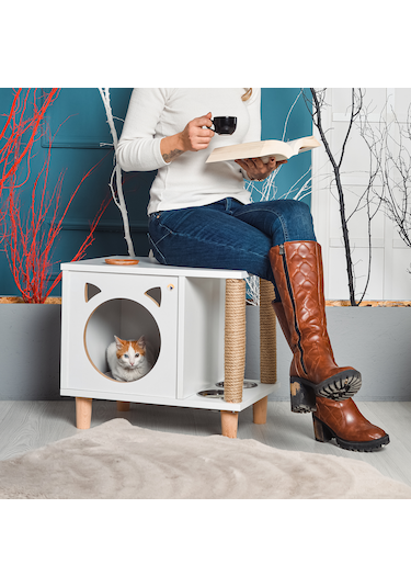 Tahta Karınca Minimalist Mobilya Kedi Evi Mama Kabı Tırmalama Halatlı