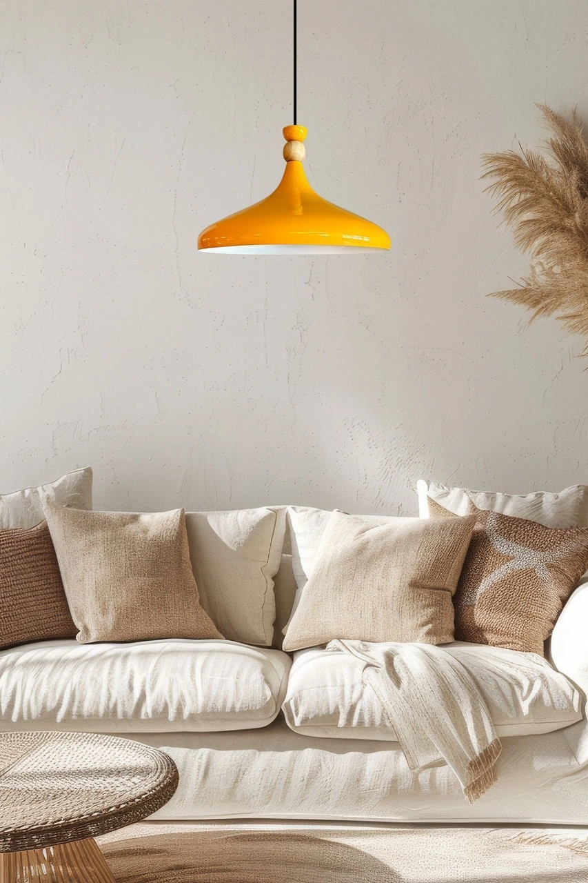 Sarı Ahşap Şapka Tekli Avize Sarkıt Salon Mutfak Cafe Butik Lamba Aydınlatma Avizeler SARI