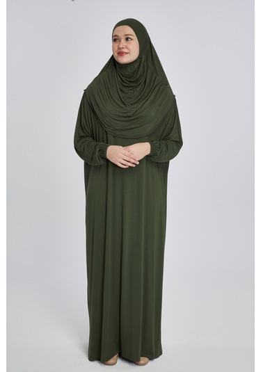 Pratik Başörtülü Rahat Giyilebilen Organik Tek Parça Namaz Elbisesi Haki