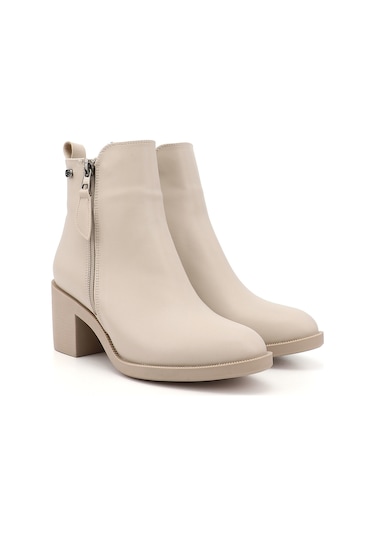 Gönderi R Bej Çift Fermuarlı Kalın Topuklu Bot Bej