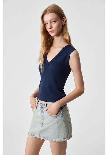 GRIMELANGE Lescosa Kadın Slim V Yaka Kolsuz Lacivert T-shirt Lacivert