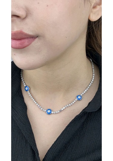 Su Yolu, Zirkon Taşlı, Nazarlı, Paslanmaz Çelik Kolye, Gümüş Renk Gümüş