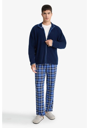 Defacto Regular Fit Cepli Polar Kareli Pijama Altı G2730ax25wnbe514 Mavi